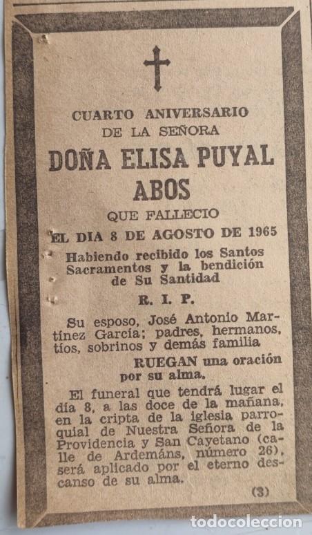 Otros art&iacute;culos de coleccionismo en papel: ELISA PUYAL ABOS, MADRID 1965, ESQUELA DE PERIODICO