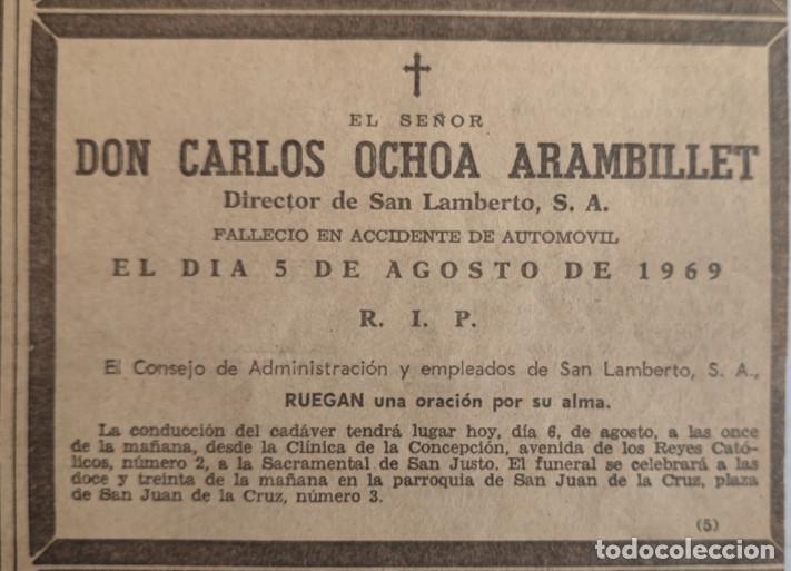 Otros art&iacute;culos de coleccionismo en papel: CARLOS OCHOA ARAMBILLET, DIRECTOR DE SAN LAMBERTO, S. A., 5 DE AGOSTO DE 1969, ESQUELA DE PERIODICO