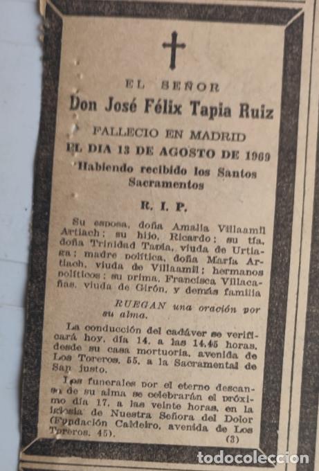 Otros art&iacute;culos de coleccionismo en papel: JOS&Eacute; F&Eacute;LIX TAPIA RUIZ, MADRID 1969, ESQUELA DE PERIODICO