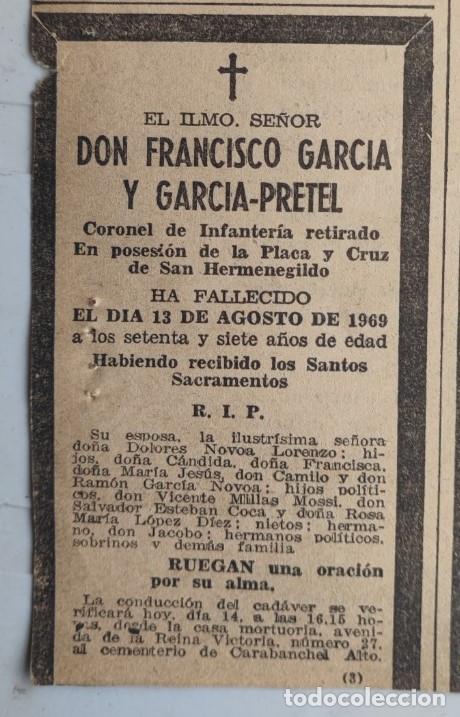 Otros art&iacute;culos de coleccionismo en papel: ILMO. FRANCISCO GARCIA Y GARCIA-PRETEL, CORONEL DE INFANTER&Iacute;A, 1969, ESQUELA DE PERIODICO