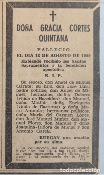 Otros art&iacute;culos de coleccionismo en papel: DO&Ntilde;A GRACIA CORTES QUINTANA, MADRID 1969, ESQUELA DE PERIODICO