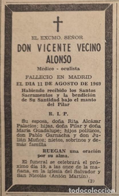 Otros art&iacute;culos de coleccionismo en papel: EXCMO. VICENTE VECINO ALONSO, M&Eacute;DICO OCULISTA, MADRID 1969, ESQUELA DE PERIODICO