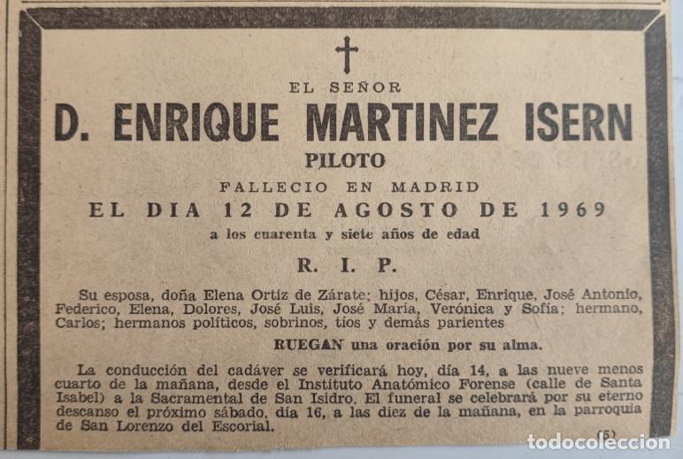 Otros art&iacute;culos de coleccionismo en papel: ENRIQUE MARTINEZ ISERN, PILOTO, MADRID 1969, ESQUELA DE PERIODICO