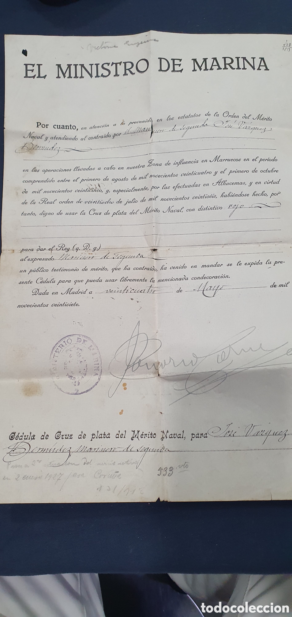 Altri oggetti di carta: T&iacute;tulo de medalla.Batalla de Alhucemas. M&eacute;rito Naval distintivo rojo. (L140)
