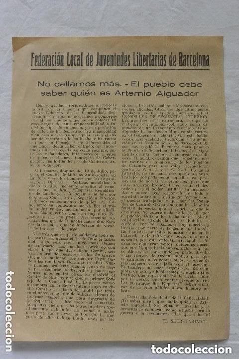 Outros artigos de papel: PASQUIN FOLLETO FEDERACION LOCAL JUVENTUDES LIBERTARIAS DE BARCELONA. 1937