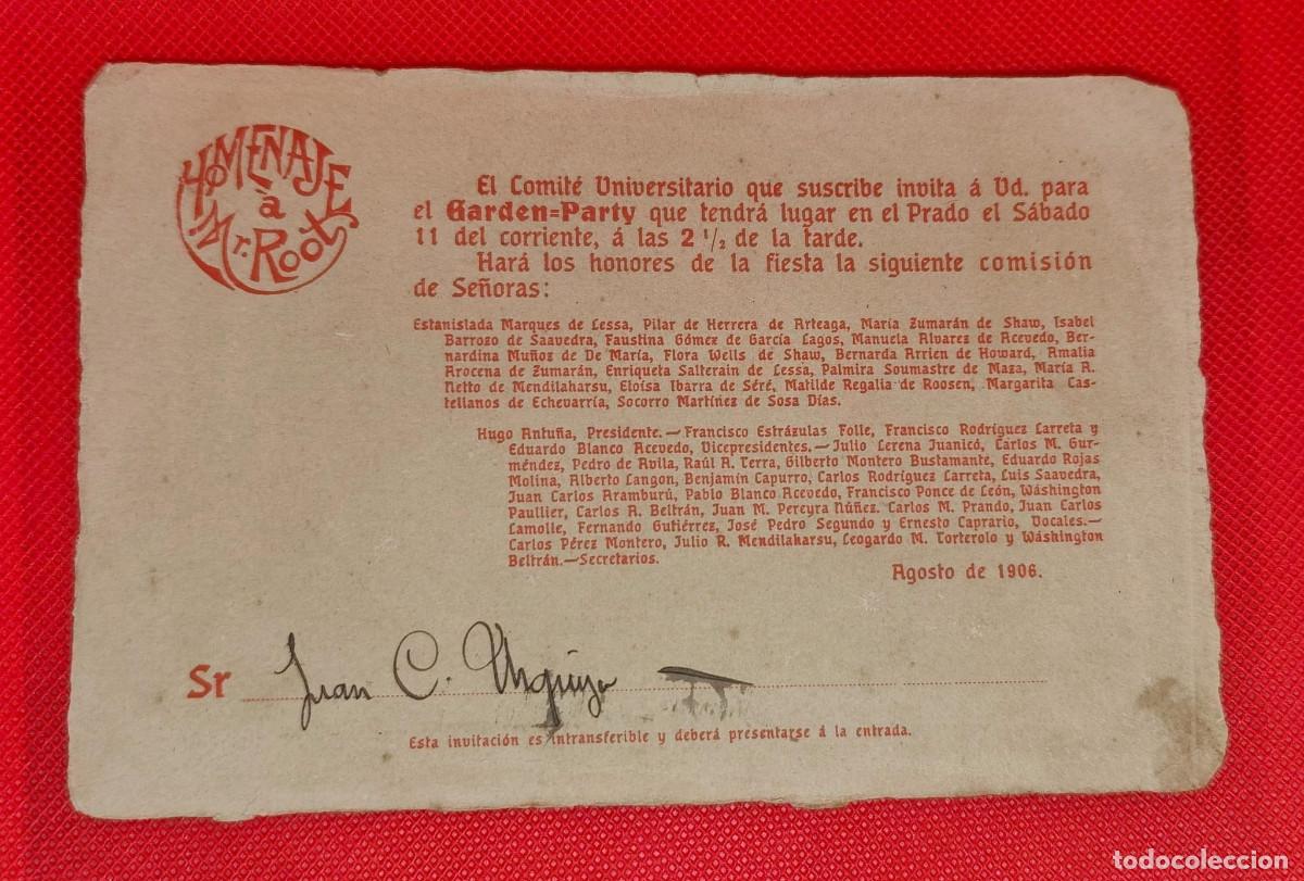 Otros art&iacute;culos de coleccionismo en papel: Antigua invitacion a&ntilde;o 1906 para ver a Elihu Root secretario de USA Comite Universitario Uruguay