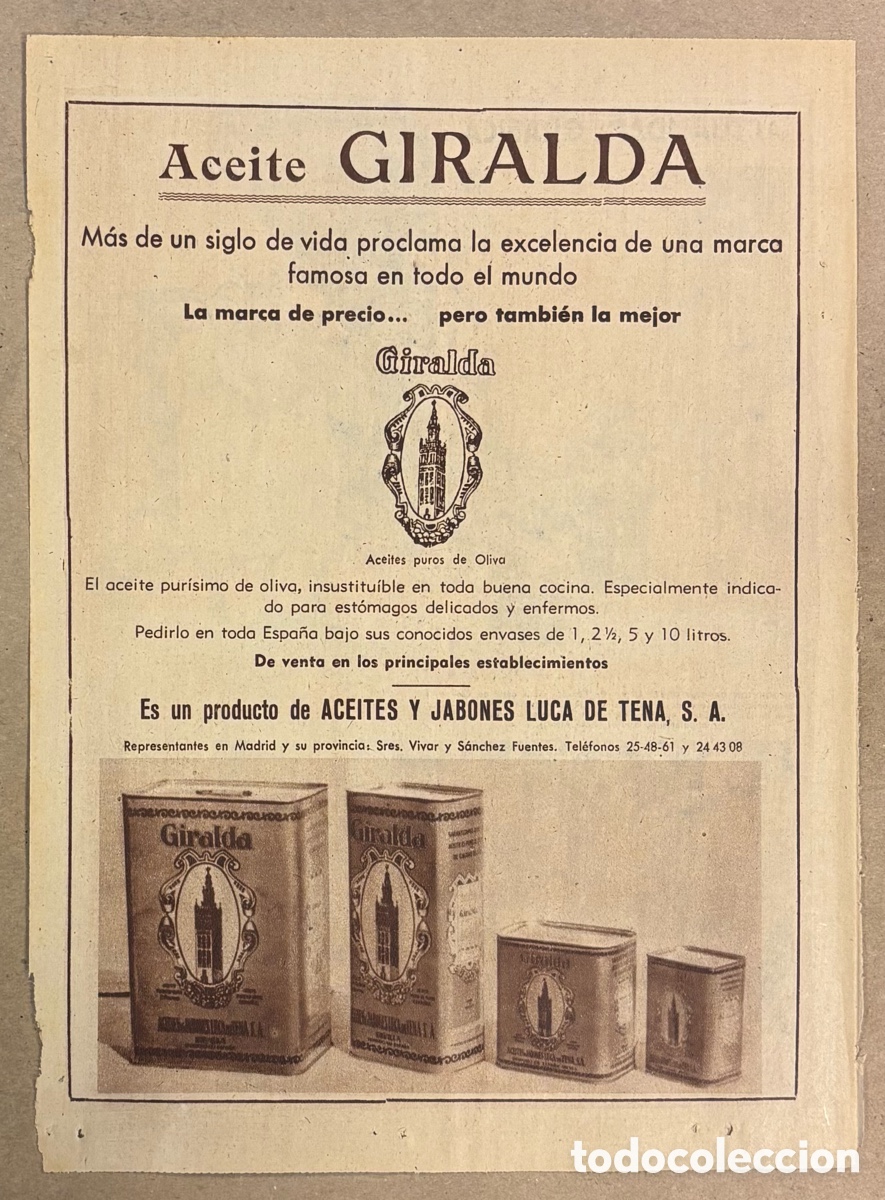 Otros art&iacute;culos de coleccionismo en papel: ACEITE GIRALDA. ANUNCIO PUBLICITARIO PERI&Oacute;DICO ABC A&Ntilde;OS 50.