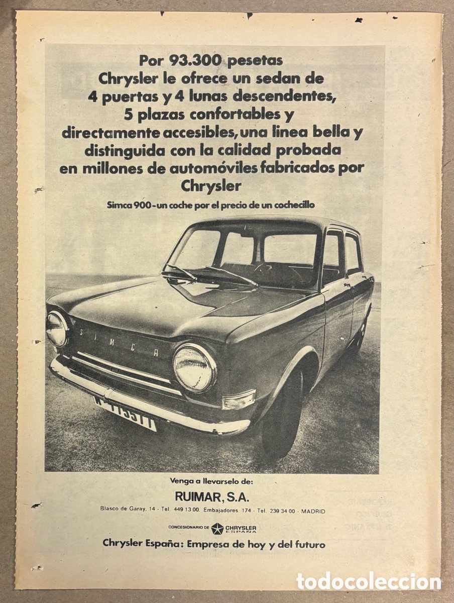 Otros art&iacute;culos de coleccionismo en papel: SIMCA 900 CHRYSLER RUIMAR (MADRID). ANUNCIO PUBLICITARIO PERI&Oacute;DICO ABC A&Ntilde;OS 60