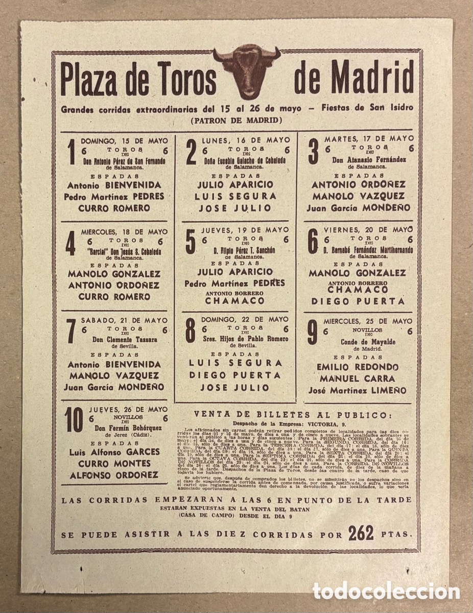 Otros art&iacute;culos de coleccionismo en papel: CARTEL TAURINO SAN ISIDRO MADRID DE 1958: CARTEL PUBLICITARIO PERI&Oacute;DICO ABC.