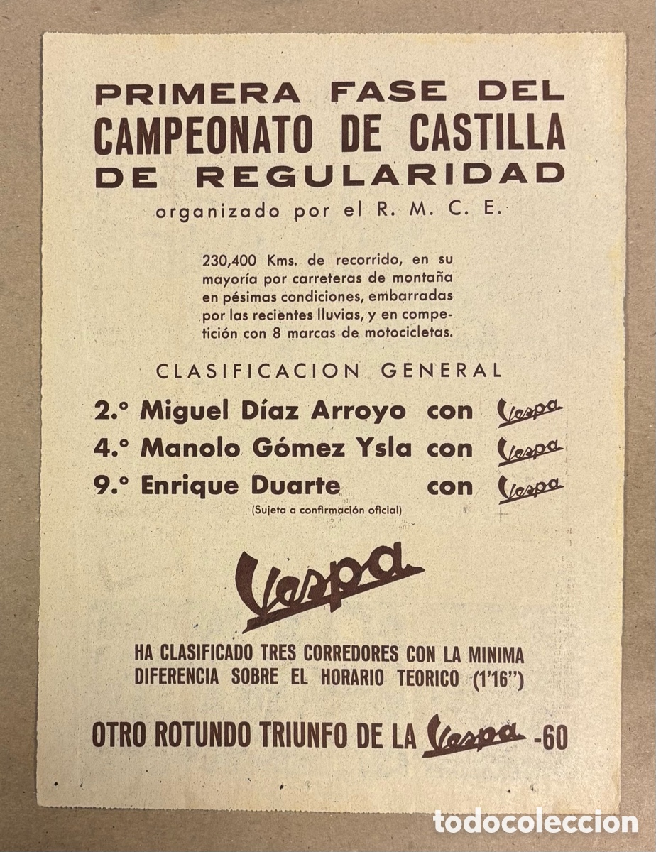 Otros art&iacute;culos de coleccionismo en papel: CAMPEONATO EE CASTILLA DE REGULARIDAD MOTOCICLETA VESPA: ANUNCIO PUBLICITARIO PERI&Oacute;DICO ABC 1960