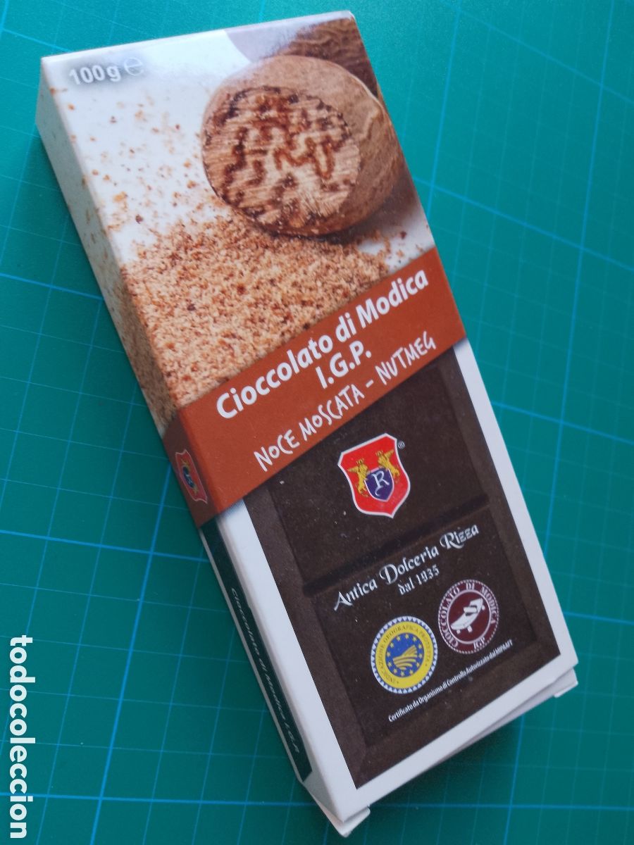 Otros art&iacute;culos de coleccionismo en papel: Cioccolato di M&oacute;dica I.G.P. Noche moscata . Nutmeg . Caja vac&iacute;a tableta chocolate