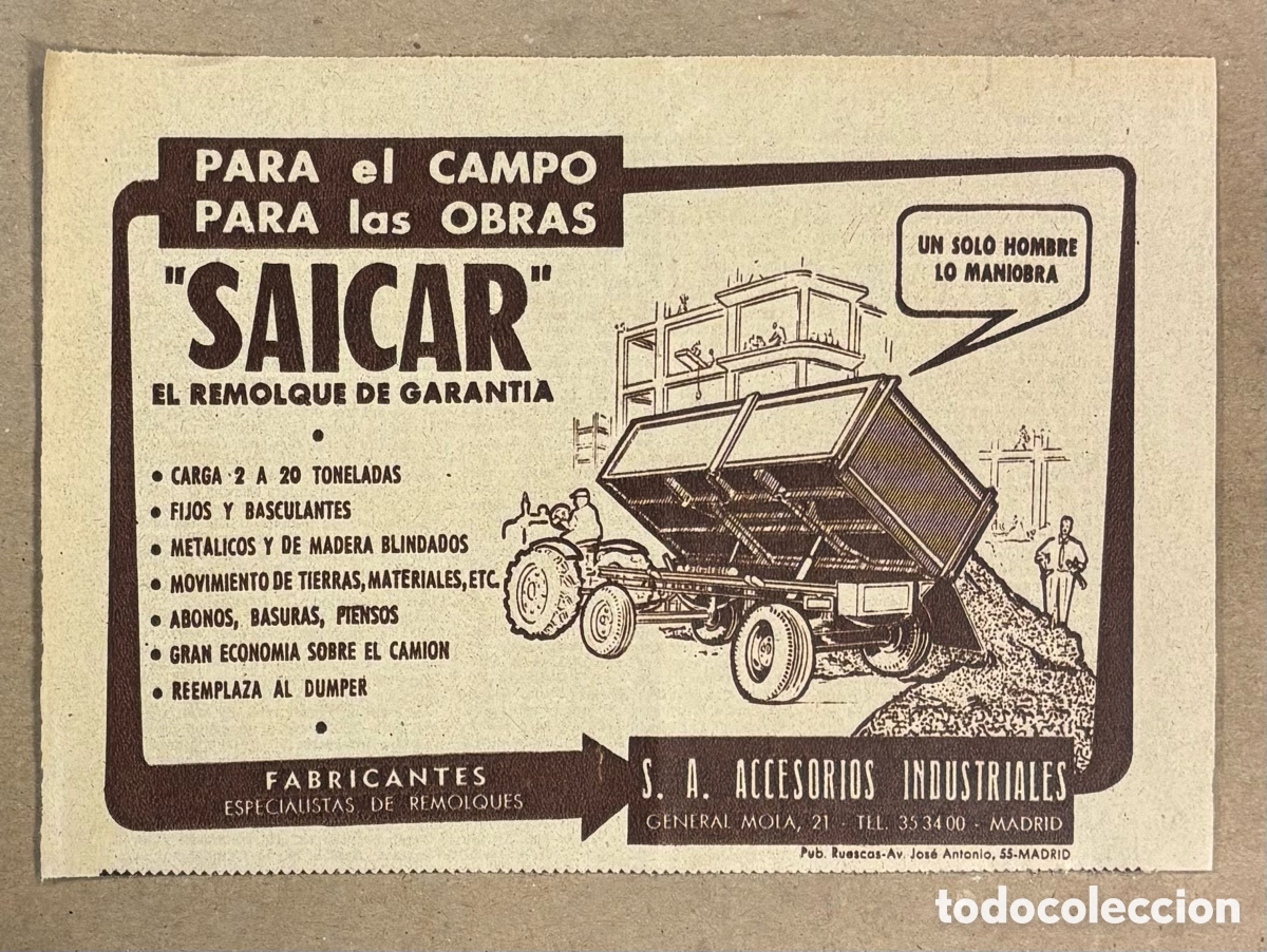 Otros art&iacute;culos de coleccionismo en papel: SAICAR REMOLQUES S.A. ACCESORIOS INDUSTRIALES MADRID. ANUNCIO PUBLICITARIO PERI&Oacute;DICO ABC A&Ntilde;OS 50