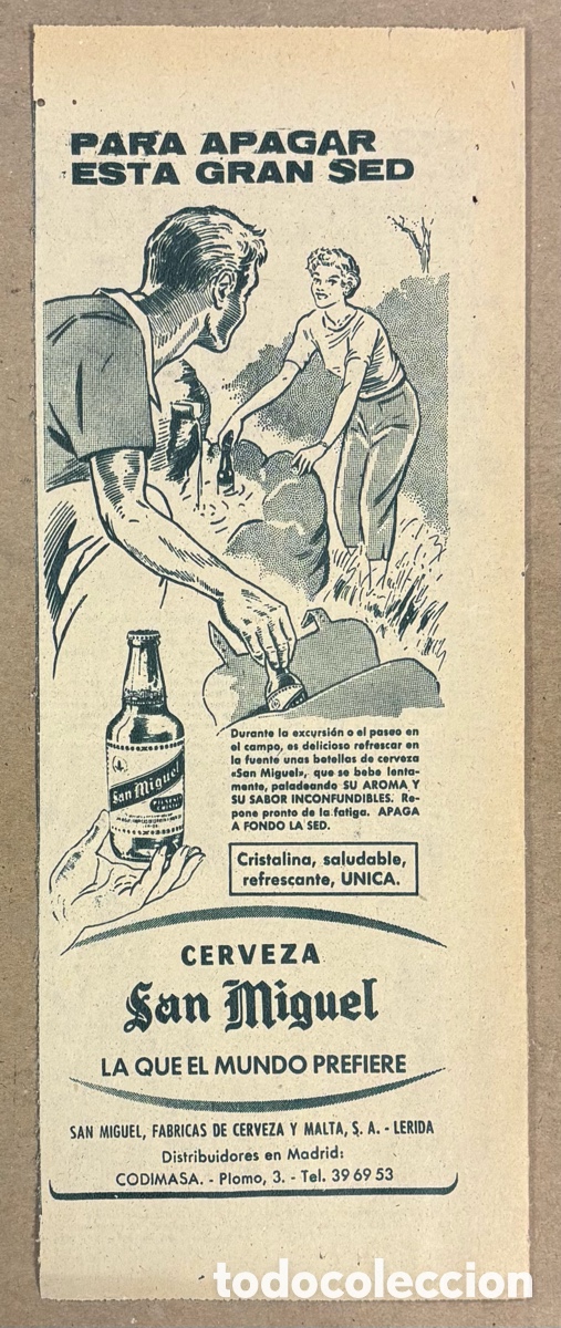 Otros art&iacute;culos de coleccionismo en papel: CERVEZA SAN MIGUEL. ANUNCIO PUBLICITARIO PERI&Oacute;DICO ABC A&Ntilde;OS 60