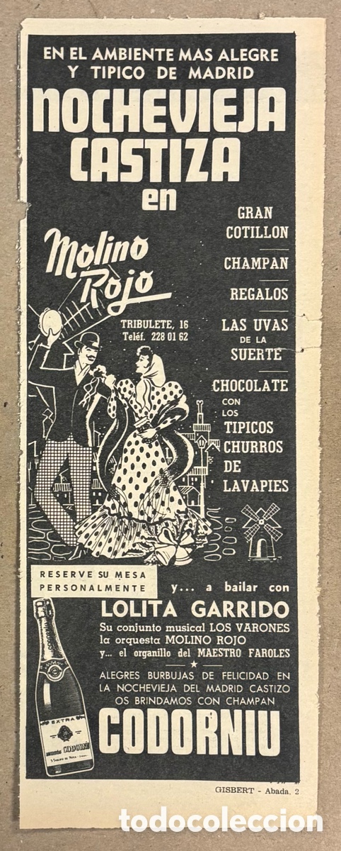 Otros art&iacute;culos de coleccionismo en papel: NOCHEVIEJA CASTIZA EN MOLINO ROJO (MADRID) LOLITA GARRIDO. ANUNCIO PUBLICITARIO ABC A&Ntilde;OS 60.