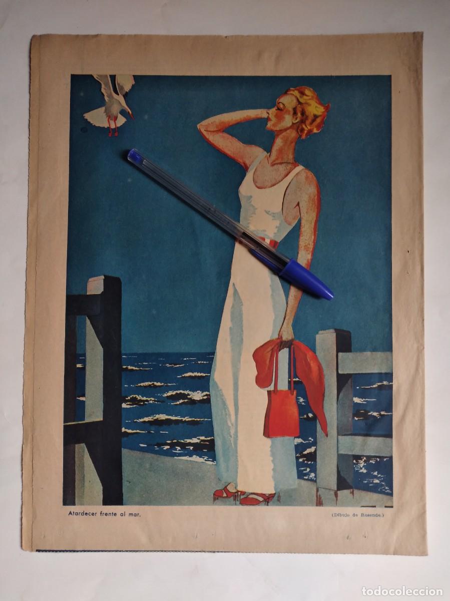 Otros art&iacute;culos de coleccionismo en papel: ROSENDE DIBUJO ATARDECER FRENTE AL MAR MUJER EN PLAYA HOJA DE PRENSA 1935