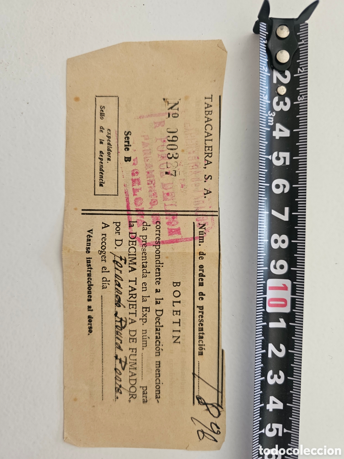 Otros art&iacute;culos de coleccionismo en papel: Antiguo Bolet&iacute;n Tabacalera S.A. - D&eacute;cima Tarjeta de Fumador (A&ntilde;os 40) - Racionamiento
