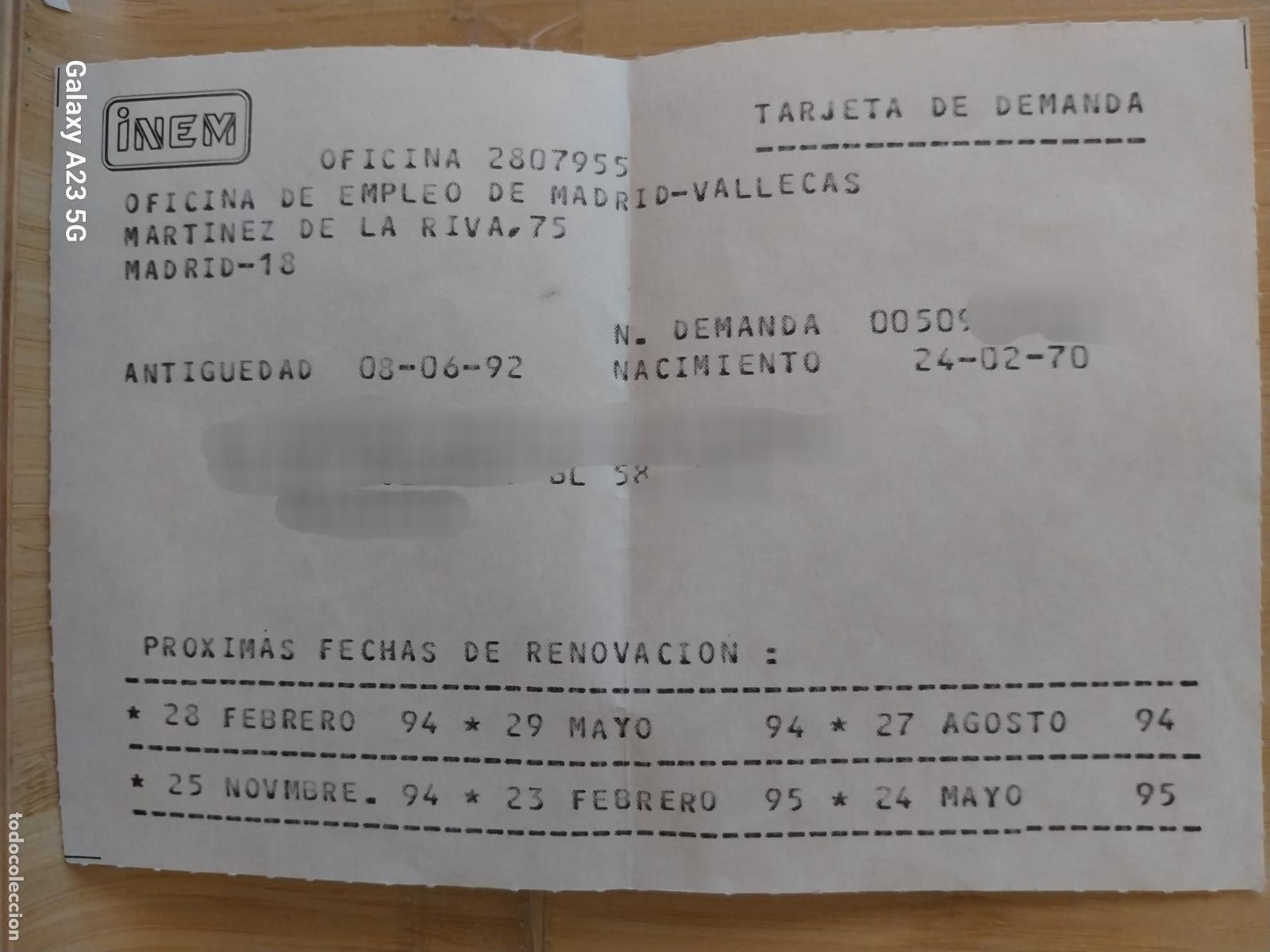 Otros art&iacute;culos de coleccionismo en papel: INEM PARO TARJETA DE SELLADO A&Ntilde;O 1994 95 ORIGINAL