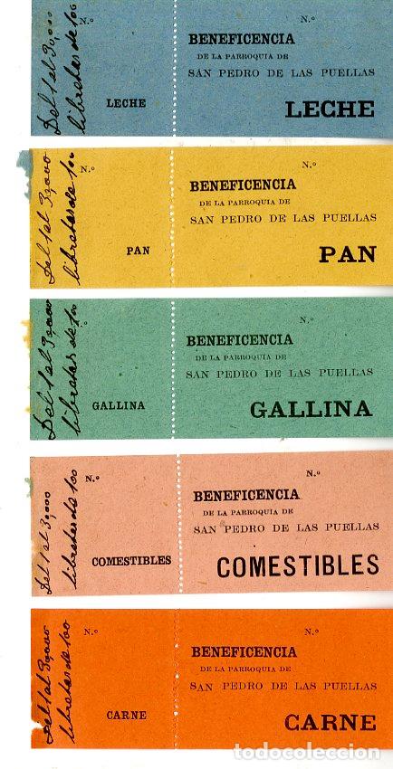 Otros art&iacute;culos de coleccionismo en papel: Cinco boletos de Beneficiencia de la parroquia de San Pedro de las Puellas - Beneficiencia