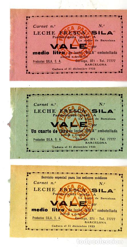 Otros art&iacute;culos de coleccionismo en papel: Tres vales de Leche Fresca Sila 1933 Servicio especial para los se&ntilde;ores M&eacute;dicos - Leche Fresca Sila
