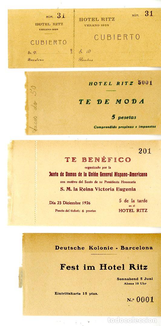 Otros art&iacute;culos de coleccionismo en papel: Lote de cuatro tickets Hotel Ritz a&ntilde;os 20 - Hotel Ritz