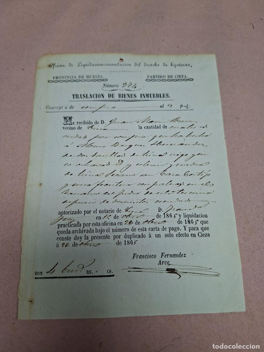 Otros art&iacute;culos de coleccionismo en papel: CIEZA MURCIA TRASLACION DE BIENES INMUEBLES S XIX 1865