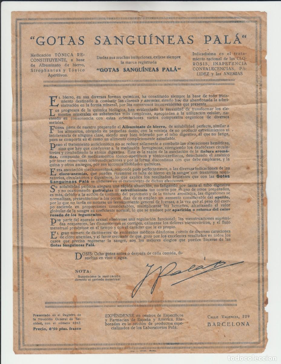 Otros art&iacute;culos de coleccionismo en papel: Folletos publicitarios o prospecto m&eacute;dico antiguo GOTAS SANGUINEAS PALA - Barcelona +/- 1910 &ndash; 1930