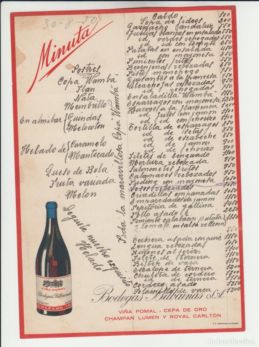 Otros art&iacute;culos de coleccionismo en papel: MINUTA a mano 30 del 8 de 1950 -- Propaganda Bodegas Bilba&iacute;nas