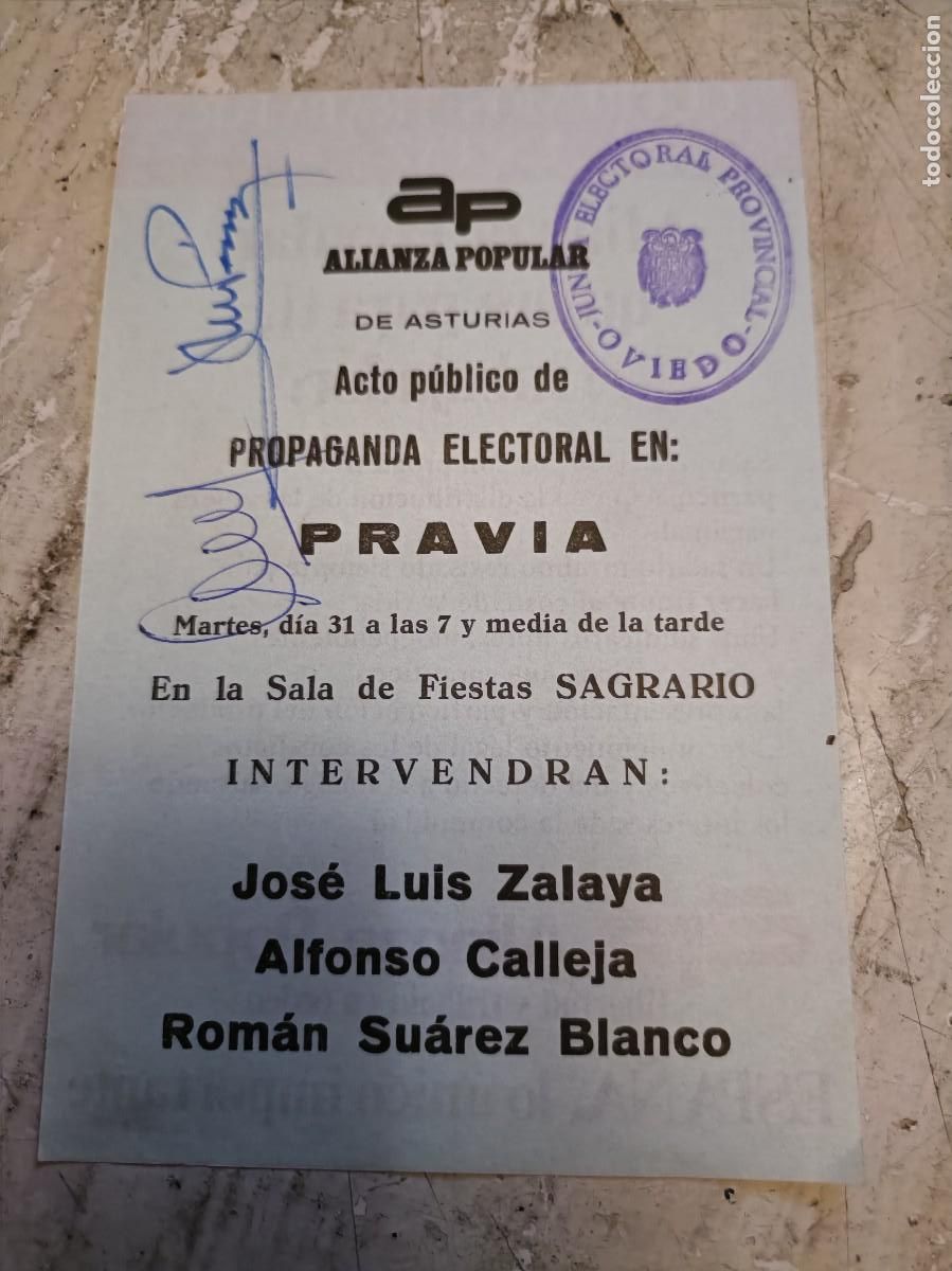 Otros art&iacute;culos de coleccionismo en papel: PROPAGANDA ELECTORAL ALIANZA POPULAR PRAVIA