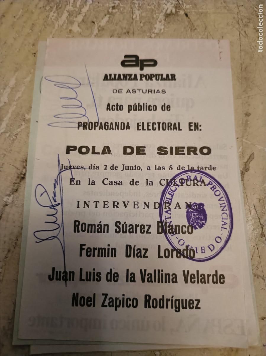 Otros art&iacute;culos de coleccionismo en papel: PROPAGANDA ELECTORAL ALIANZA POPULAR POLA DE SIERO ASTURIAS