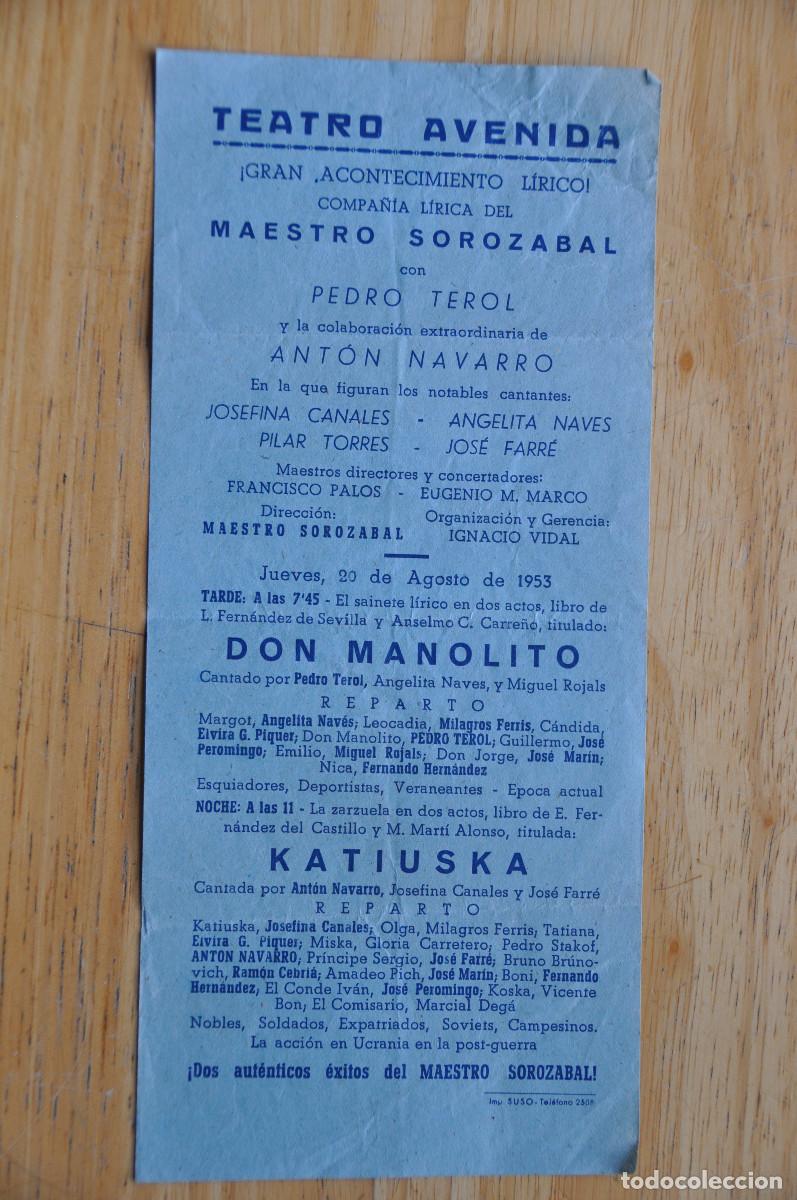 Otros art&iacute;culos de coleccionismo en papel: PROGRAMA DEL TEATRO AVENIDA DE BURGOS (20 DE AGOSTO DE 1953) - COMPA&Ntilde;IA L&Iacute;RICA DEL MAESTRO SOROZABAL