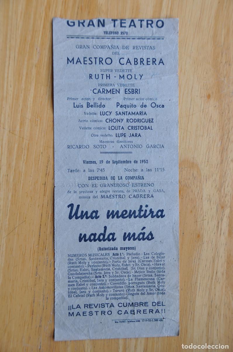 Otros art&iacute;culos de coleccionismo en papel: PROGRAMA DEL GRAN TEATRO DE BURGOS (1952) - &rdquo;UNA MENTIRA NADA M&Aacute;S&rdquo; COMPA&Ntilde;&Iacute;A MAESTRO CABRERA