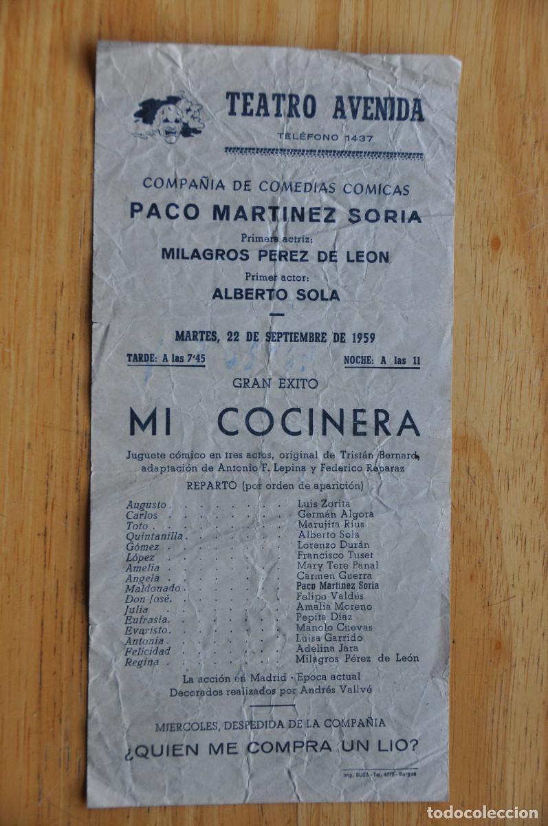 Otros art&iacute;culos de coleccionismo en papel: PROGRAMA DEL TEATRO AVENIDA DE BURGOS (1959) - &rdquo;MI COCINERA&rdquo; DE LA COMPA&Ntilde;&Iacute;A DE PACO MARTINEZ SORIA