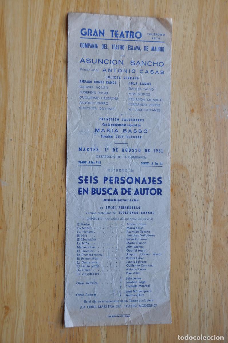 Otros art&iacute;culos de coleccionismo en papel: PROGRAMA DEL GRAN TEATRO DE BURGOS (1961)-&rdquo;SEIS PERSONAJES EN BUSCA DE AUTOR&rdquo; COMPA&Ntilde;&Iacute;A TEATRO ESLAVA