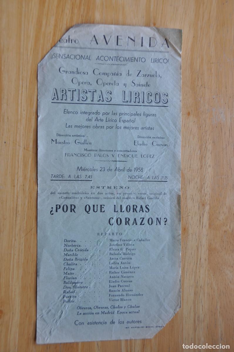 Otros art&iacute;culos de coleccionismo en papel: PROGRAMA DEL TEATRO AVENIDA DE BURGOS (1958) - EL ESPECT&Aacute;CULO L&Iacute;RICO &iquest;POR QU&Eacute; LLORAS CORAZON?