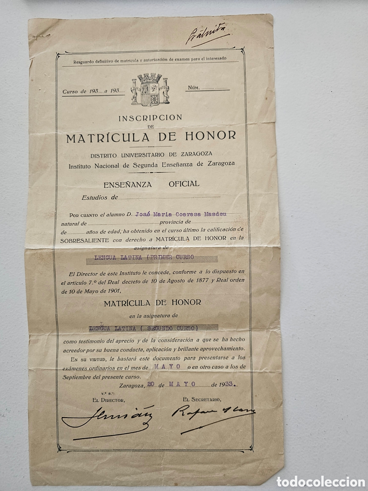 Otros art&iacute;culos de coleccionismo en papel: Certificado Matr&iacute;cula Honor 1933 Instituto Segunda Ense&ntilde;anza Zaragoza Jose M&ordf; Coarasa Masdeu