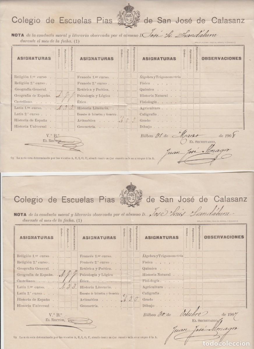 Otros art&iacute;culos de coleccionismo en papel: 2 Boletines de calificaciones / Colegio de Escuelas P&iacute;as de San Jos&eacute; de Galasaz 1907 &ndash; 8