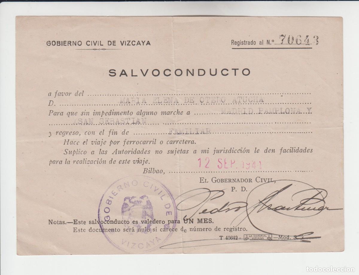 Otros art&iacute;culos de coleccionismo en papel: Salvoconducto gobierno civil de Vizcaya - Bilbao 1941