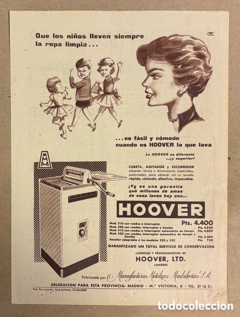 Otros art&iacute;culos de coleccionismo en papel: LAVADORAS HOOVER. ANUNCIO PUBLICITARIO PERI&Oacute;DICO ABC A&Ntilde;OS 50.