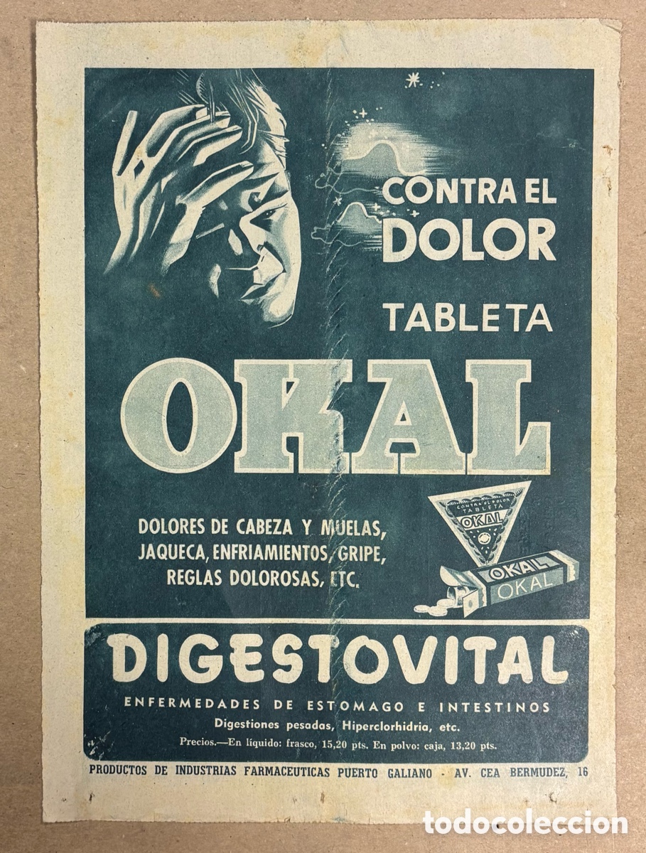 Otros art&iacute;culos de coleccionismo en papel: TABLETA OKAL. ANUNCIO PUBLICITARIO PERI&Oacute;DICO ABC A&Ntilde;OS 50. DIGESTOVITAL.