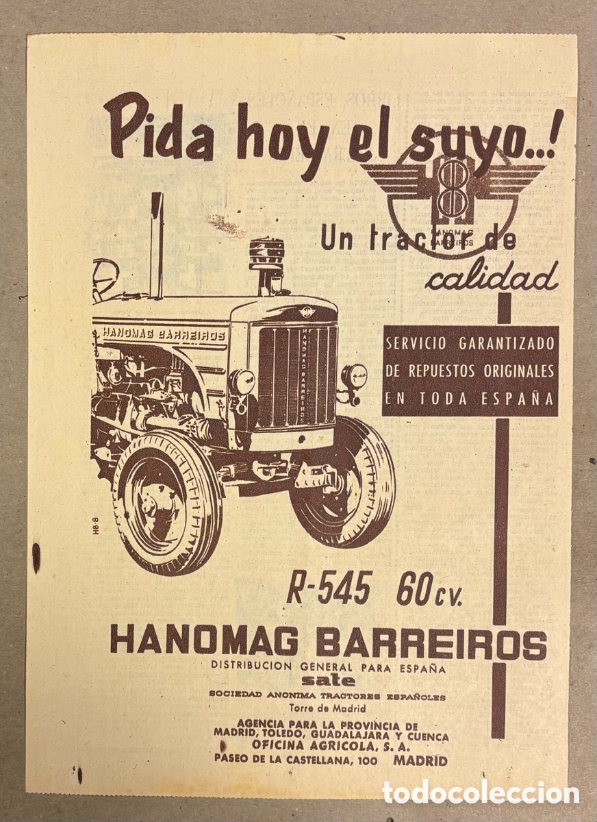 Otros art&iacute;culos de coleccionismo en papel: TRACTORES HANOMAG BARREIROS. ANUNCIO PUBLICITARIO PERI&Oacute;DICO ABC A&Ntilde;OS 50