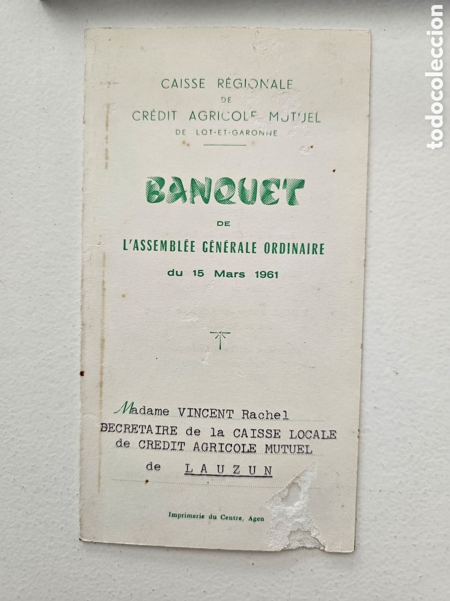 Otros art&iacute;culos de coleccionismo en papel: Men&uacute; Vintage Banquete Cr&eacute;dit Agricole (1961) &ndash; Lauzun / Agen (Francia) France