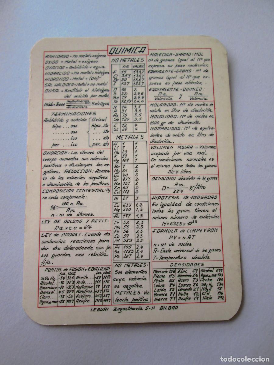 Otros art&iacute;culos de coleccionismo en papel: QUIMICA - TARJETA CON APUNTES Y FORMULAS