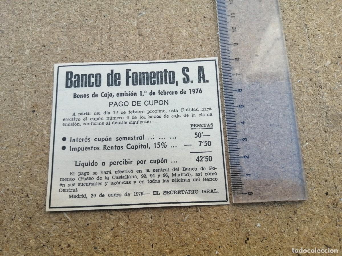 Otros art&iacute;culos de coleccionismo en papel: ANUNCIO. BANCO DE FOMENTO S. A