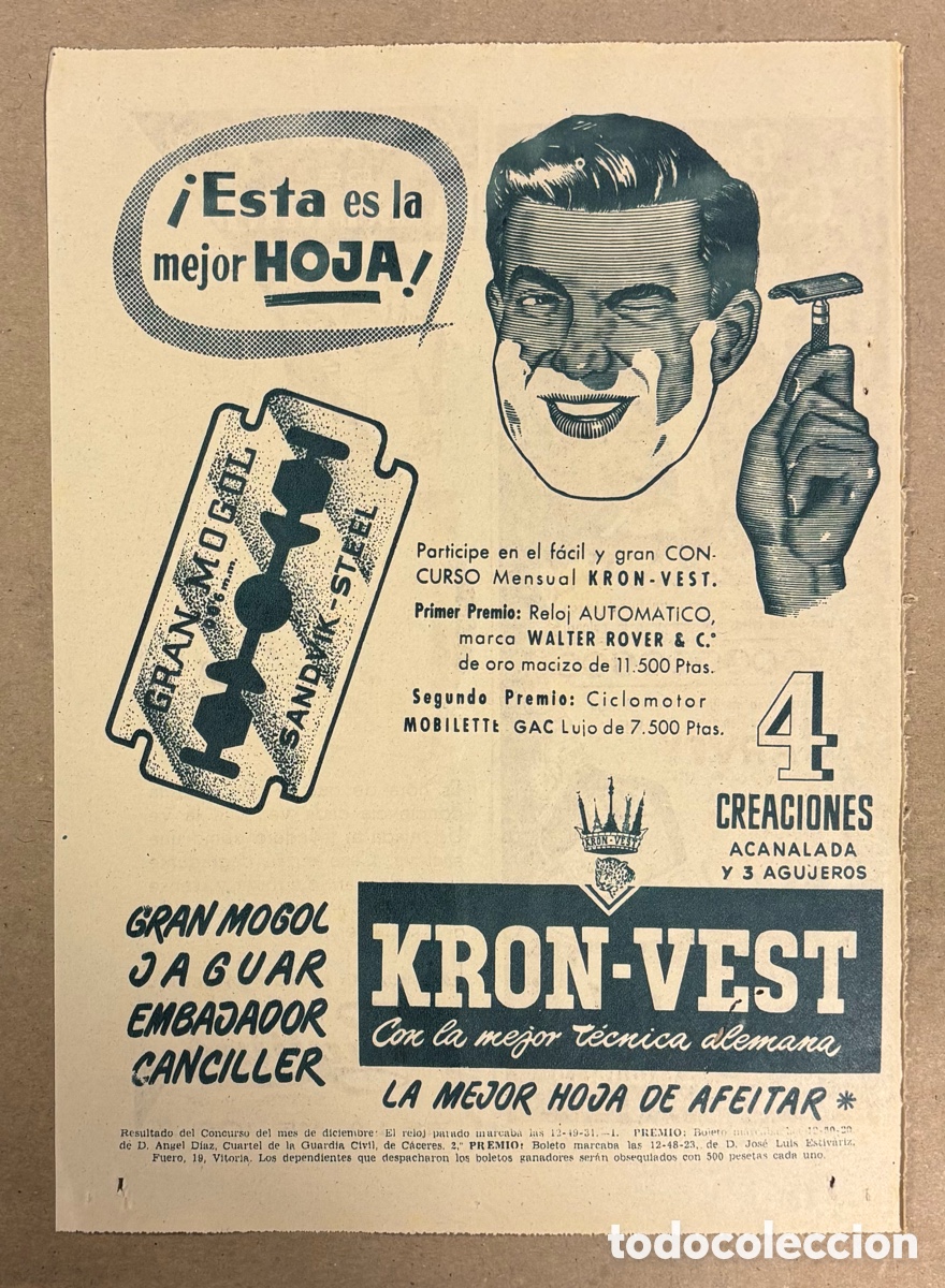 Otros art&iacute;culos de coleccionismo en papel: HOJAS DE AFEITADO KRON-VEST ANUNCIO PUBLICITARIO PERI&Oacute;DICO ABC A&Ntilde;OS 50