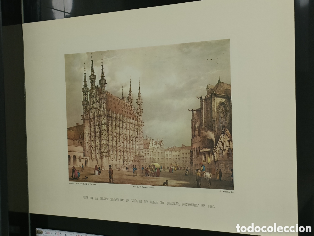 Otros art&iacute;culos de coleccionismo en papel: Vintage Litograf&iacute;a antigua de la Plaza Mayor y el Ayuntamiento de Lovaina, B&eacute;lgica