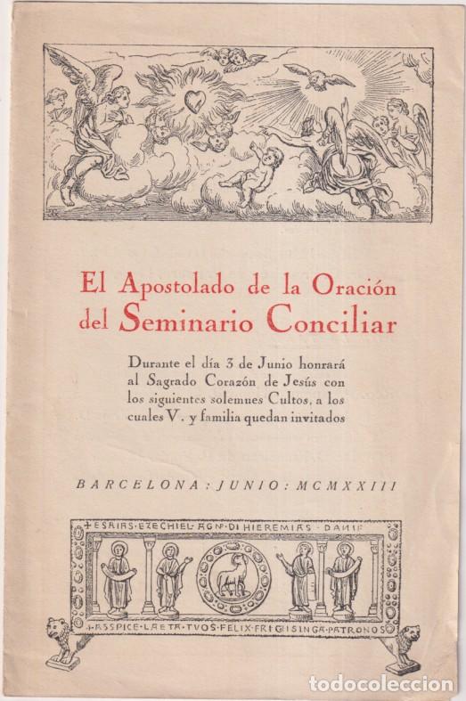 Otros art&iacute;culos de coleccionismo en papel: El Apostolado de la Oraci&oacute;n del Seminario Conciliar. Barcelona, Junio MCMXXIII. Doble hoja