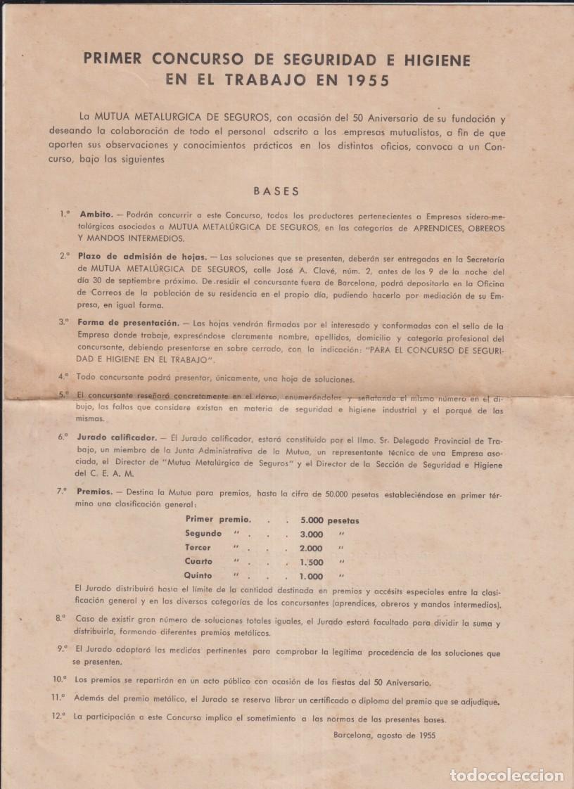 Otros art&iacute;culos de coleccionismo en papel: Primer Concurso de Seguridad e higiene en el trabajo en 1955. (30x21,5 c.) Doble hoja con: plazo de