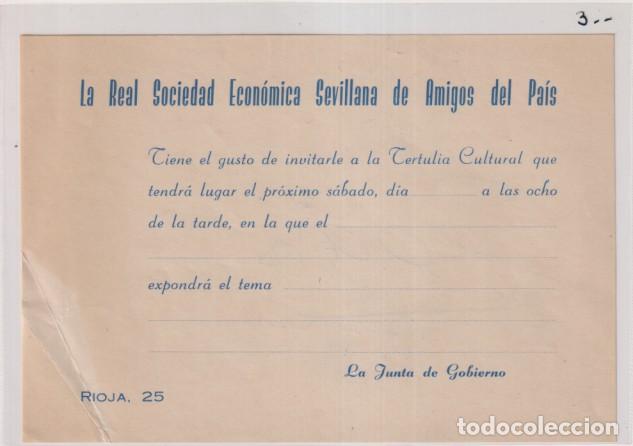 Otros art&iacute;culos de coleccionismo en papel: La Real Sociedad Econ&oacute;mica Sevillana de Amigos de Pa&iacute;s. Invitaci&oacute;n a la Tertulia Cultural, Sin usar