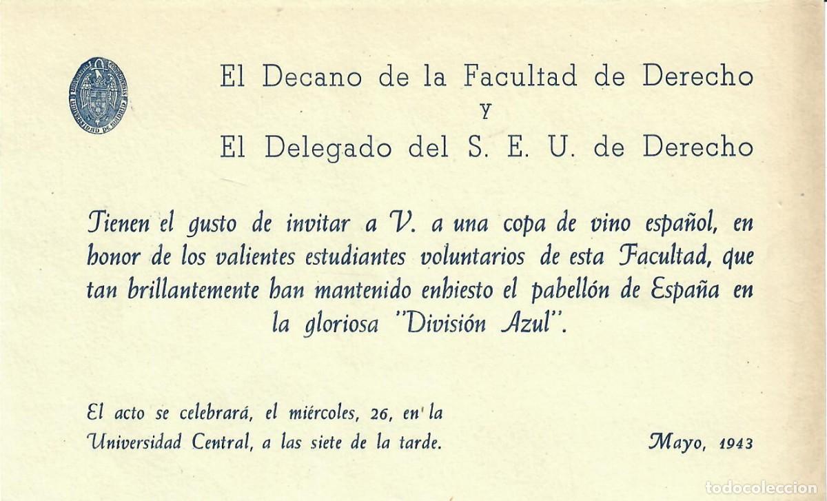 Otros art&iacute;culos de coleccionismo en papel: DIVISI&Oacute;N AZUL - INVITACI&Oacute;N AL HOMENAJE A ESTUDIANTES VOLUNTARIOS 1943