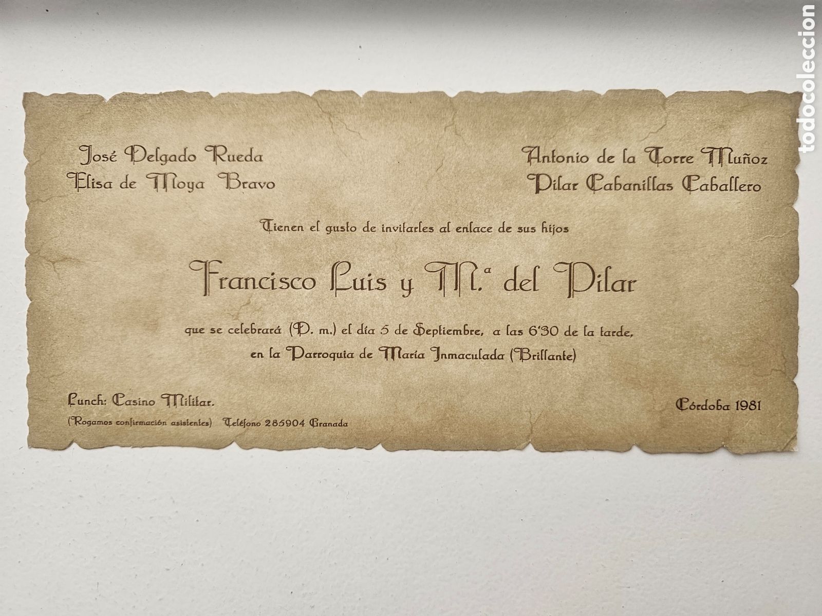 Otros art&iacute;culos de coleccionismo en papel: Invitaci&oacute;n de Boda Original &ndash; C&oacute;rdoba 1981 &ndash; Papel Pergamino Francisco Luis M&ordf; del Pilar